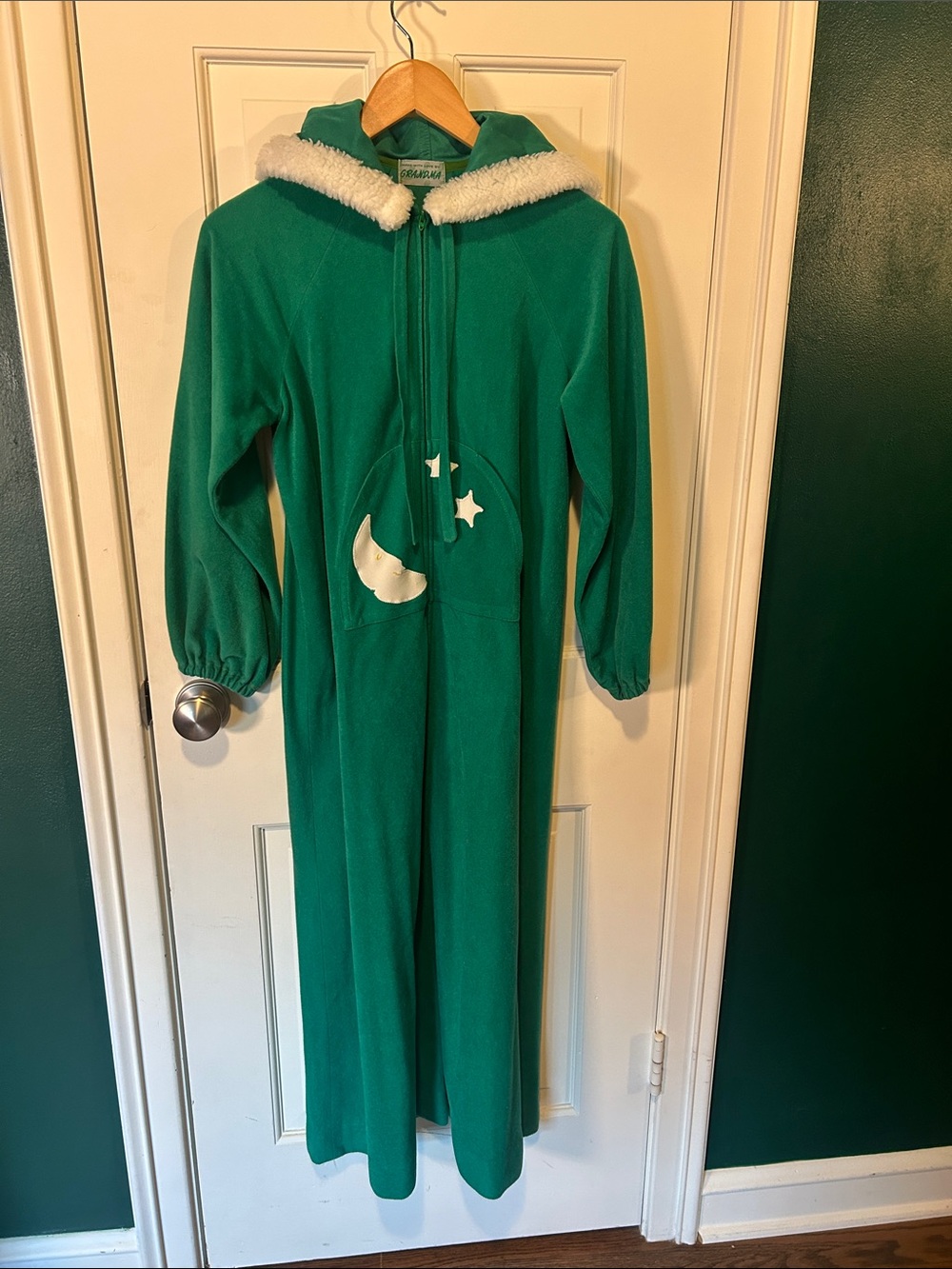 Vintage Homemade Green Hooded Fleece Robe with Moon & Stars